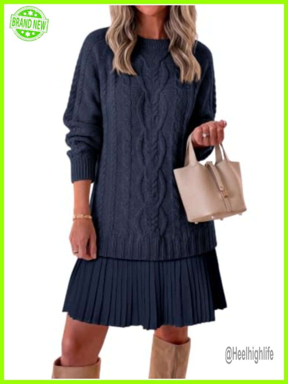 Cable Knit Sweater Dress Pleated Long Sleeve Crewneck Mini